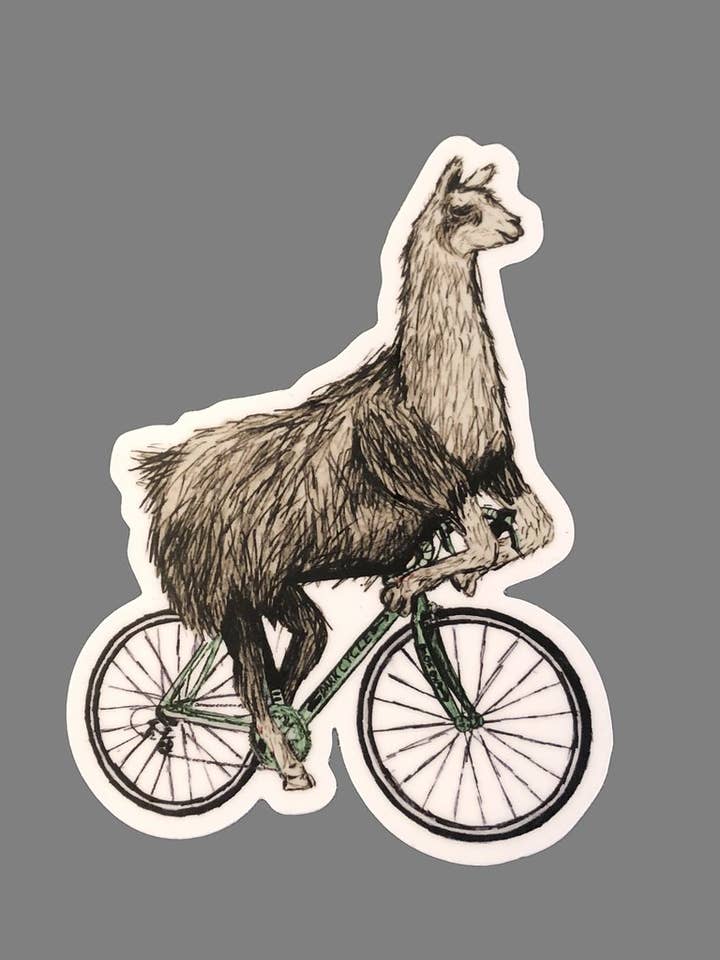 Llama On A Bicycle Vinyl Sticker for wholesale by Dark Cycle Clothing