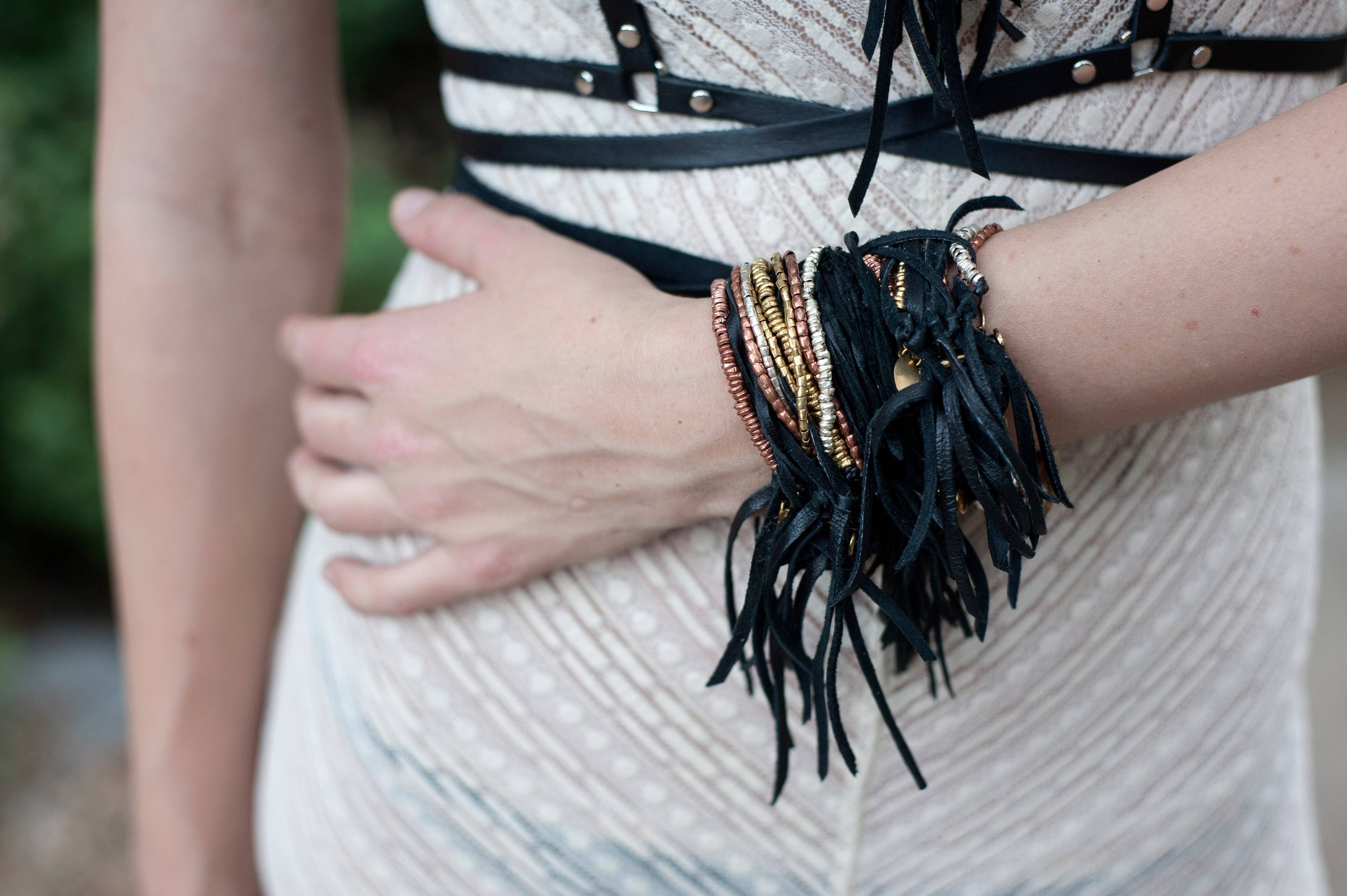 ASTALI - Wholesale Cuff Bracelet - Leather Biker Cuff - Black, Multi-Strand Fringe Bracelet7