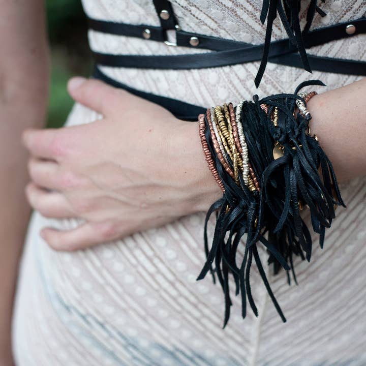ASTALI - Wholesale Cuff Bracelet - Leather Biker Cuff - Black, Multi-Strand Fringe Bracelet7