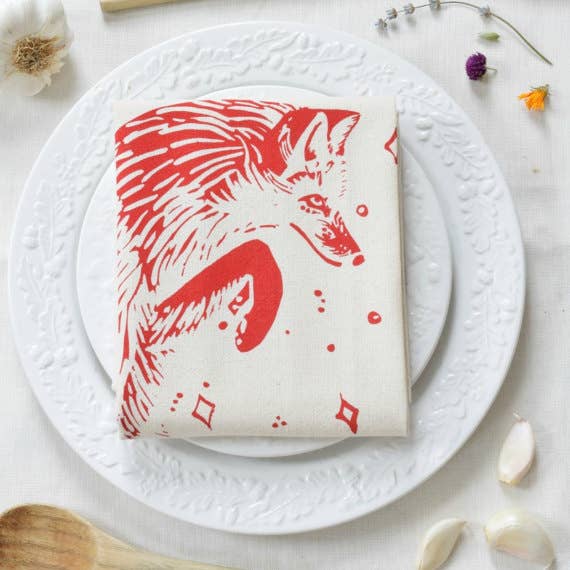 Hearth and Harrow - Wholesale Tea Towel - Organic Cotton Celestial Fox Tea Towel in Red - Animal Print
