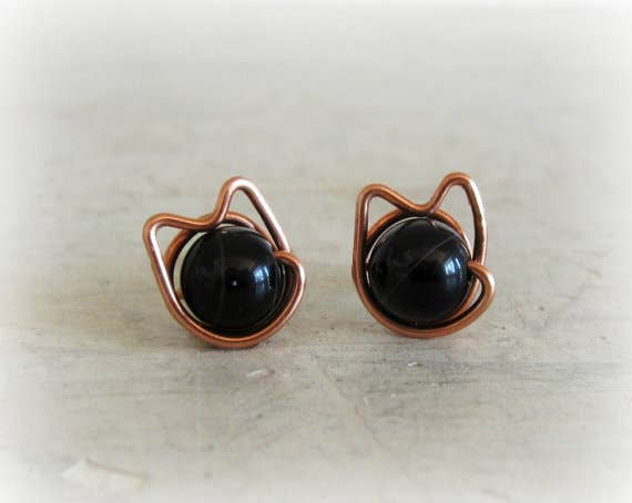 Contempo Jewelry – wholesale Solitärörhängen – Svart Onyx + koppar katt Stud örhängen