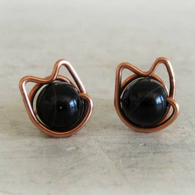 Contempo Jewelry - Wholesale Stud/Post Earrings - Black Onyx + Copper Cat Stud Earrings0