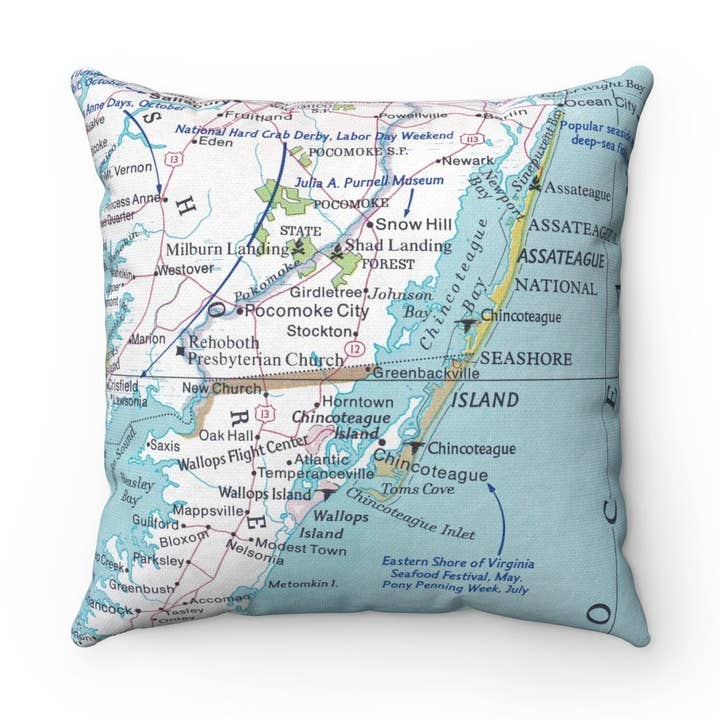 Chincoteague Island Virginia Map Pillow for wholesale by Daisy Mae Designs
