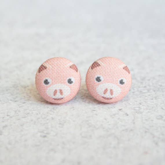 Rachel O's - Wholesale Stud/Post Earrings - Pink Pig Fabric Button Earrings