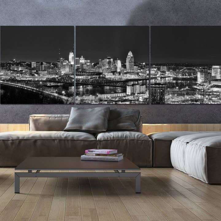 48 „x 24" Cincinnati B & W Skyline Lærredskunst for engroshandel hos HolyCowCanvas