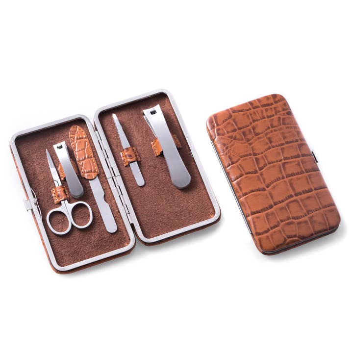 Brown Leather with Croco Pattern Case Manicure Set for wholesale by BeyBerk International