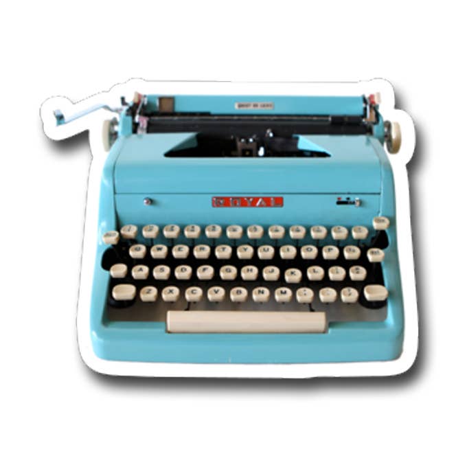 Vintage Blue Royal Typewriter Vinyl Sticker for wholesale by Fly Paper Products