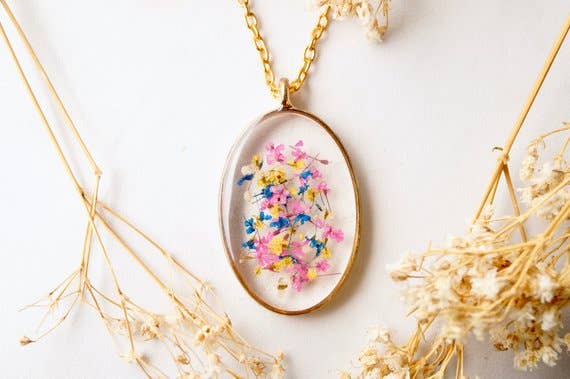Ann + Joy - Wholesale Pendant/Charm Necklace - Real Pressed Flowers and Resin Necklace Gold Oval in Pink, Yellow Blue & White3