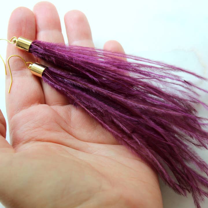 Laalee Jewelry - Wholesale Tassel Earrings - Purple Feather Earrings, Long Fringe Earrings3