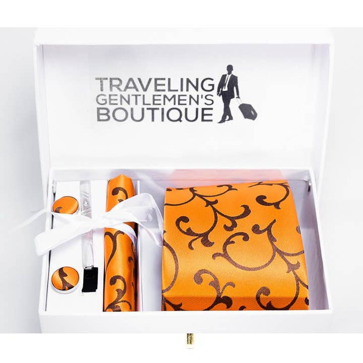 Classic Orange & Brown Novelty Silk Men's Tie with Pocket Square, Tie Clip And Cufflinks for wholesale by Traveling Gentlemens Boutique