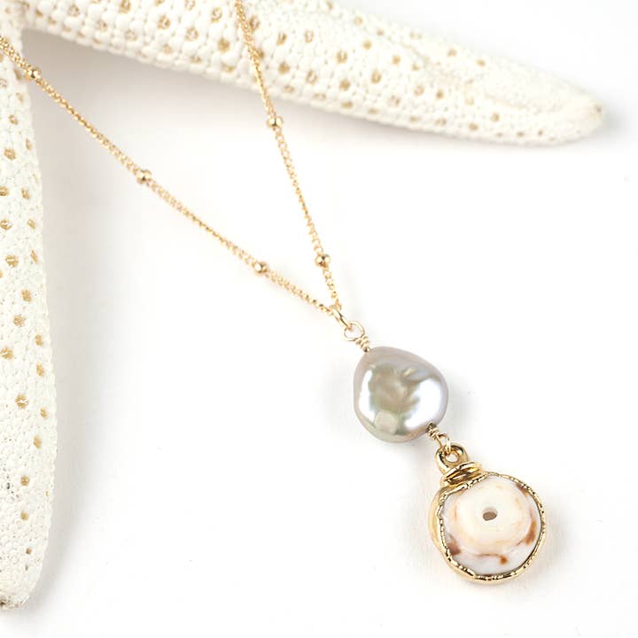 keshi pearl & 24k gold dipped hawaiian puka shell necklace for wholesale by Midori Jewelry Hawaii