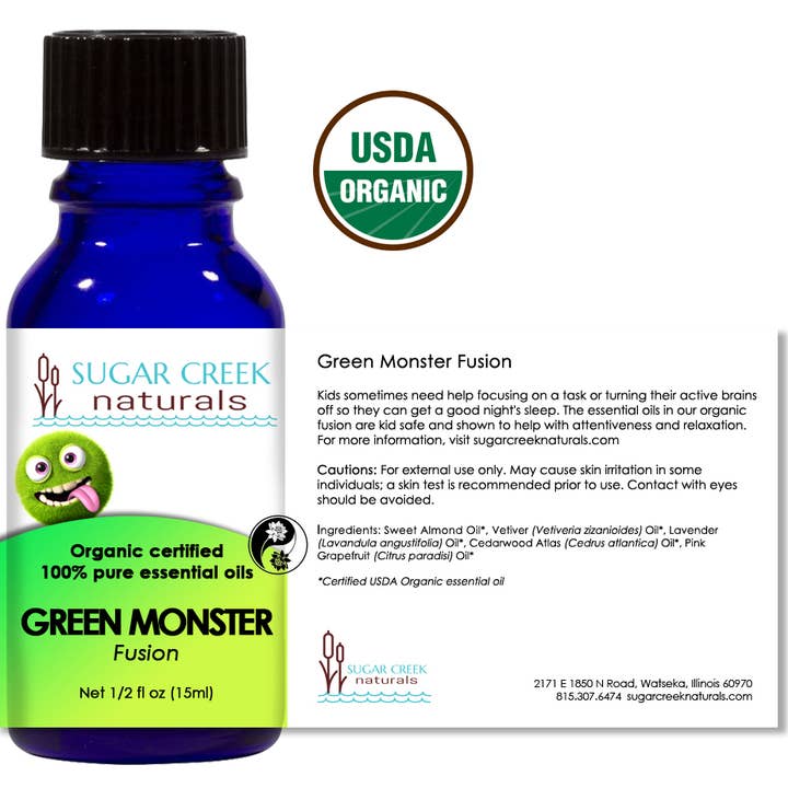 Grøn Monster Fusion økologisk æterisk olie blanding 15ml for engroshandel hos Sugar Creek Naturals