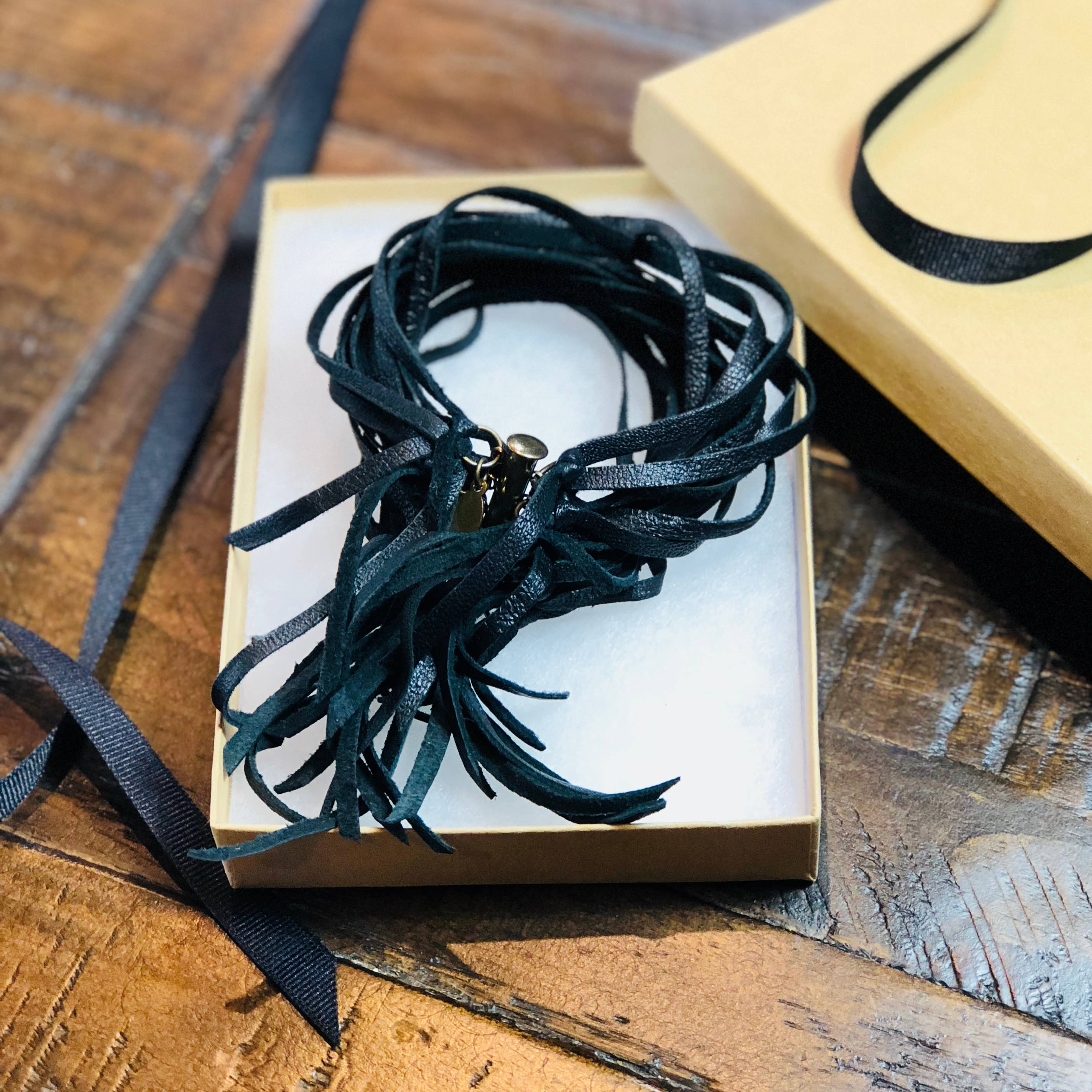 ASTALI - Wholesale Cuff Bracelet - Leather Biker Cuff - Black, Multi-Strand Fringe Bracelet2