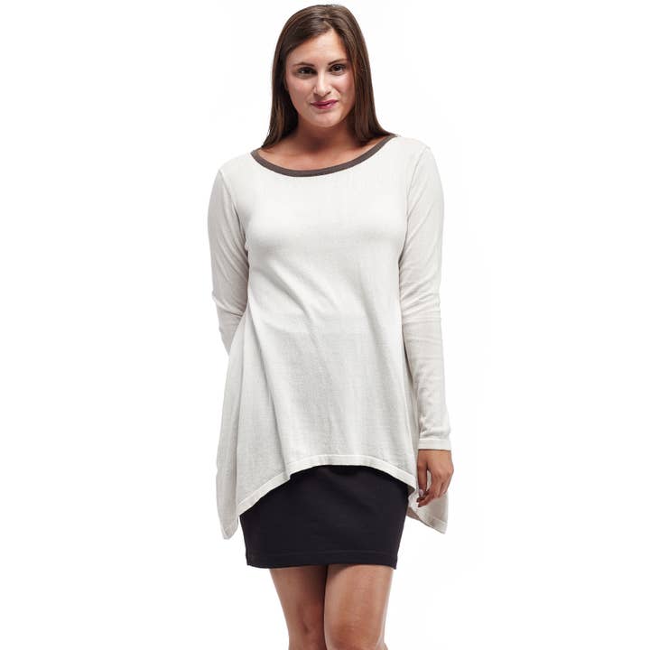 Rounded Neck Pullover Sweater Top - ECRU/TAUPE for wholesale by La Cera