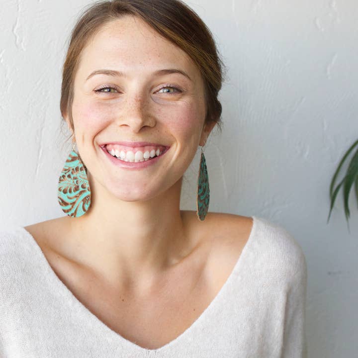 OneWild - Wholesale Dangle Earrings - Tooled Turquoise - The Drop Leather Earrings2