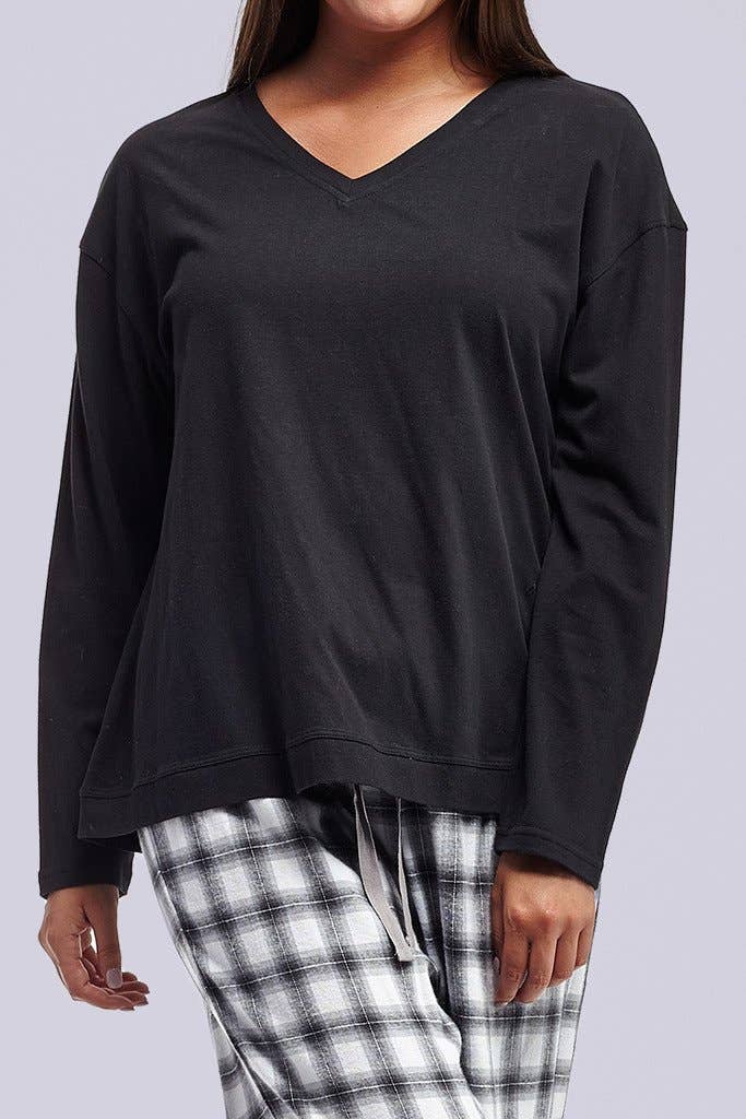La Cera - Wholesale Sleepwear Set - Women's - Plaid Pajama Set - BLACK/WHITE2