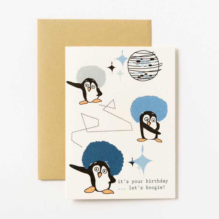 Disco Dancing Penguins Birthday Greeting Card for wholesale by ILOOTPAPERIE
