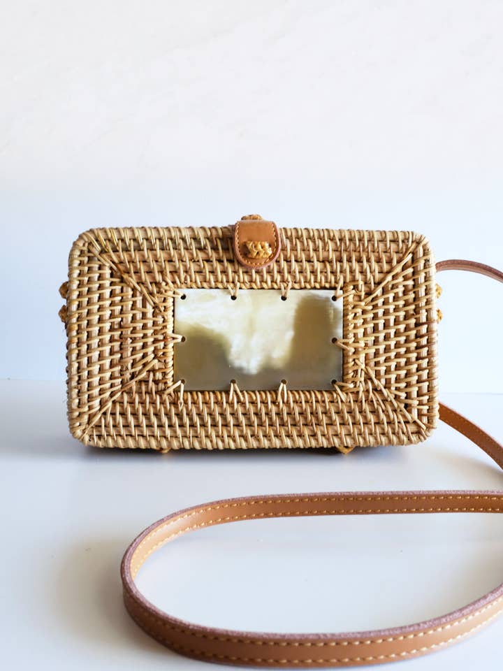 Xo Dang Buffalo Horn Centerpiece Rectangle Woven Rattan Bag for wholesale by Hathorway