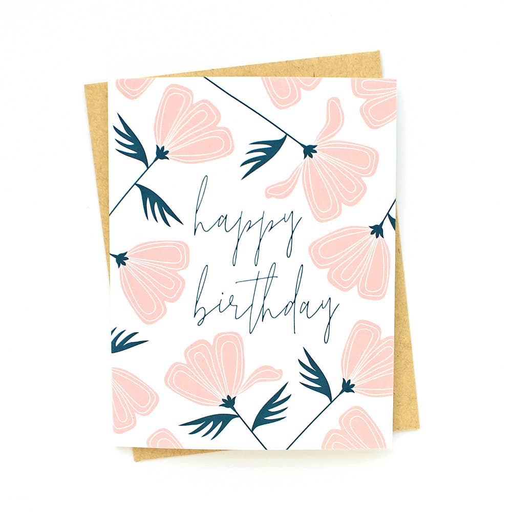 Klinger Creative - Wholesale Birthday Card - Pink Poppies Birthday Card Script Flowers Garden Minimal A2