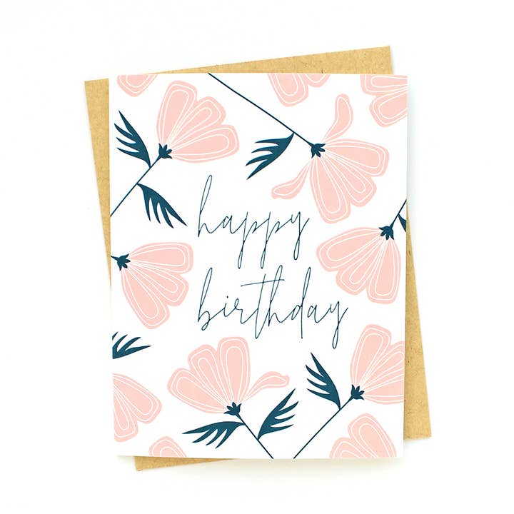 Pink Poppies Birthday Card Script Flowers Garden Minimal A2 for wholesale by Klinger Creative