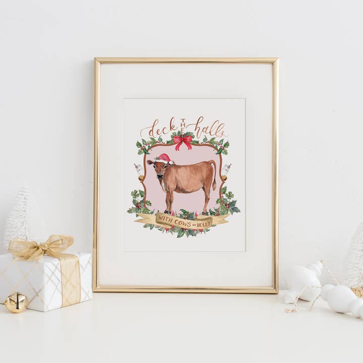 Deck the Halls with Cows of Holly Art Print for wholesale by Cami Monet