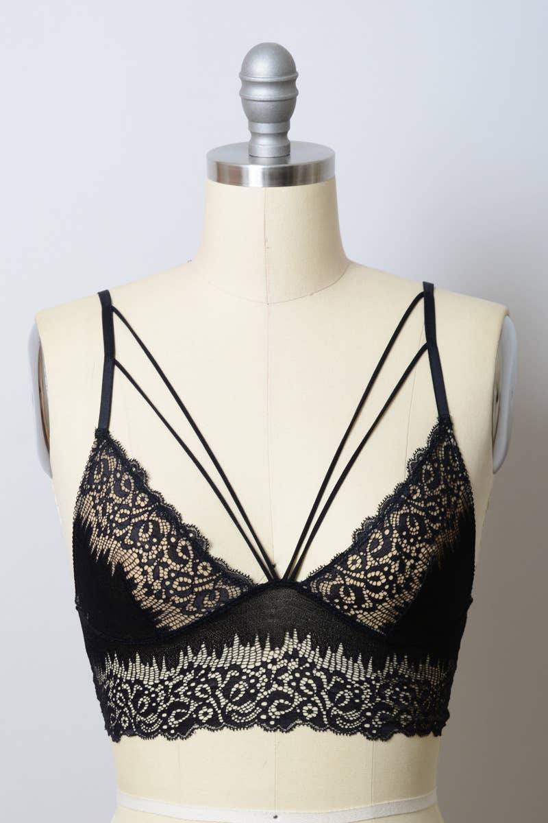 Leto Accessories - Wholesale Bralette - Women's - Trendy Double Strappy Lace Crop Top - Red & Black ❤️🖤5