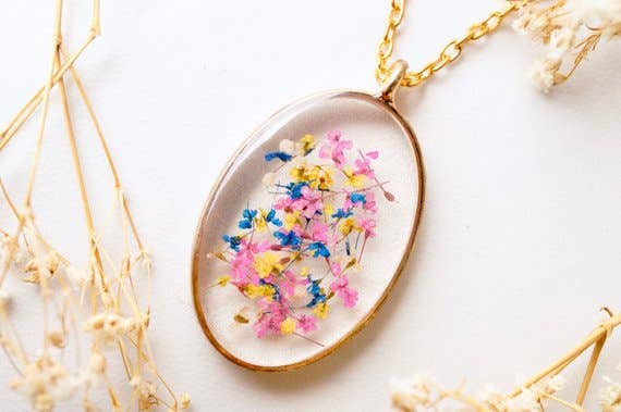 Ann + Joy - Wholesale Pendant/Charm Necklace - Real Pressed Flowers and Resin Necklace Gold Oval in Pink, Yellow Blue & White2