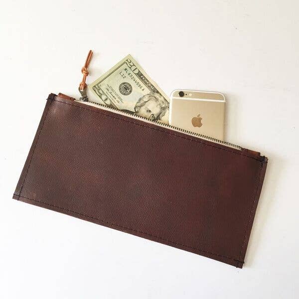Zip Pouch - Solid Leather or Cowhide Front 10"x5" for wholesale by Hawks & Doves