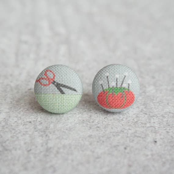 I LOVE Sewing Fabric Button Earrings for wholesale by Rachel O's