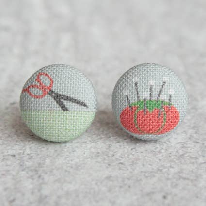I LOVE Sewing Fabric Button Earrings for wholesale by Rachel O's