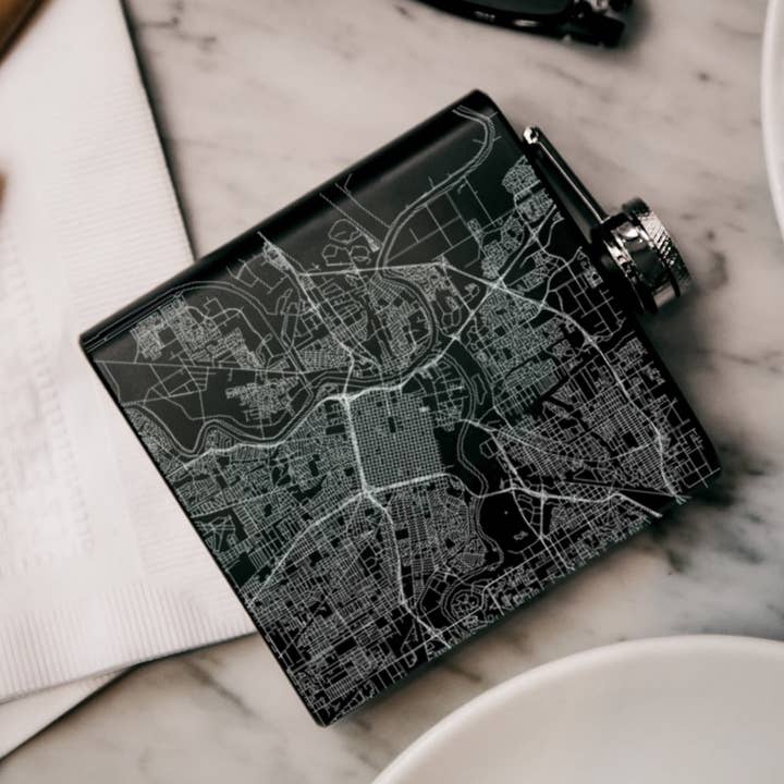 Sacramento CA Map Hip Flask in Matte Black for wholesale by JACE.design