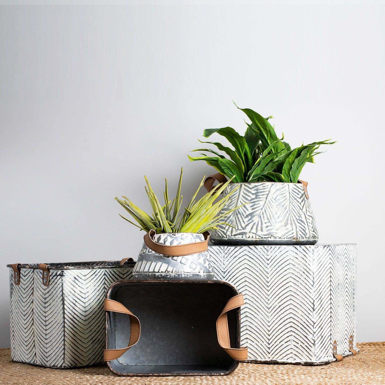 Foreside Home & Garden - Wholesale Basket - SALE - Braxton Rustic Set 3 Whitewash Gray Bins Faux Leather3