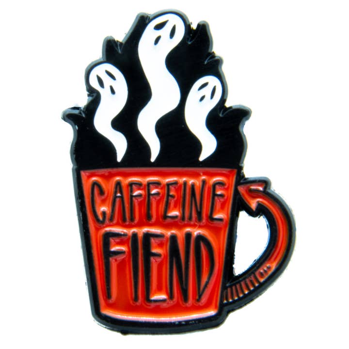 "Caffeine Fiend" Spooky Coffee Cup Enamel Pin for Halloween for wholesale by Ectogasm
