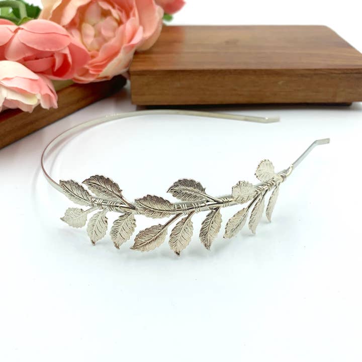 Sterling Silver or Rose Gold Large Leaf Headband for wholesale by Acute Designs