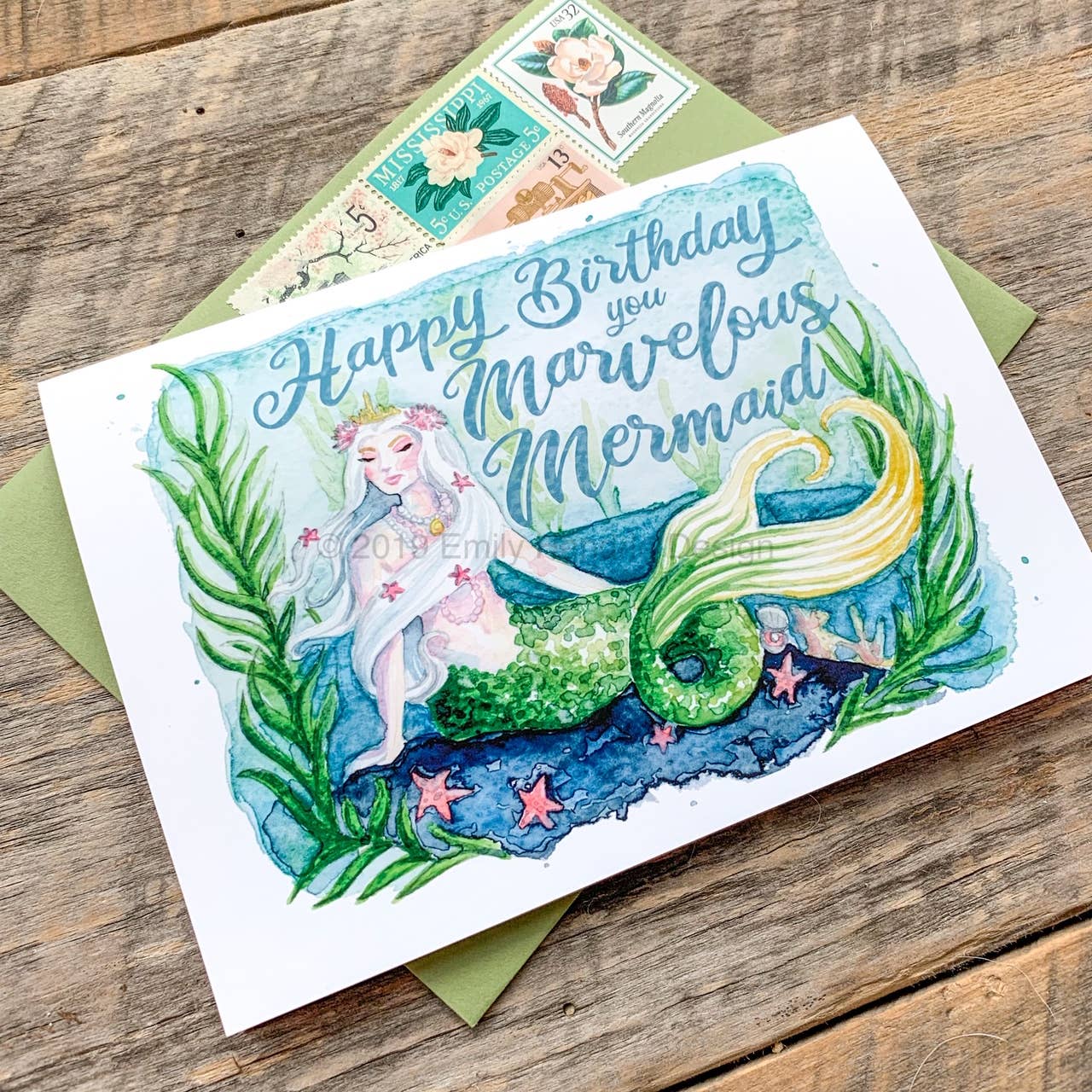 Meadowbrook Lane - Wholesale Birthday Card - Watercolor Happy Birthday Mermaid 5x7 blank card1