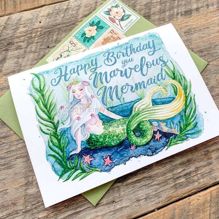 Meadowbrook Lane - Wholesale Birthday Card - Watercolor Happy Birthday Mermaid 5x7 blank card1
