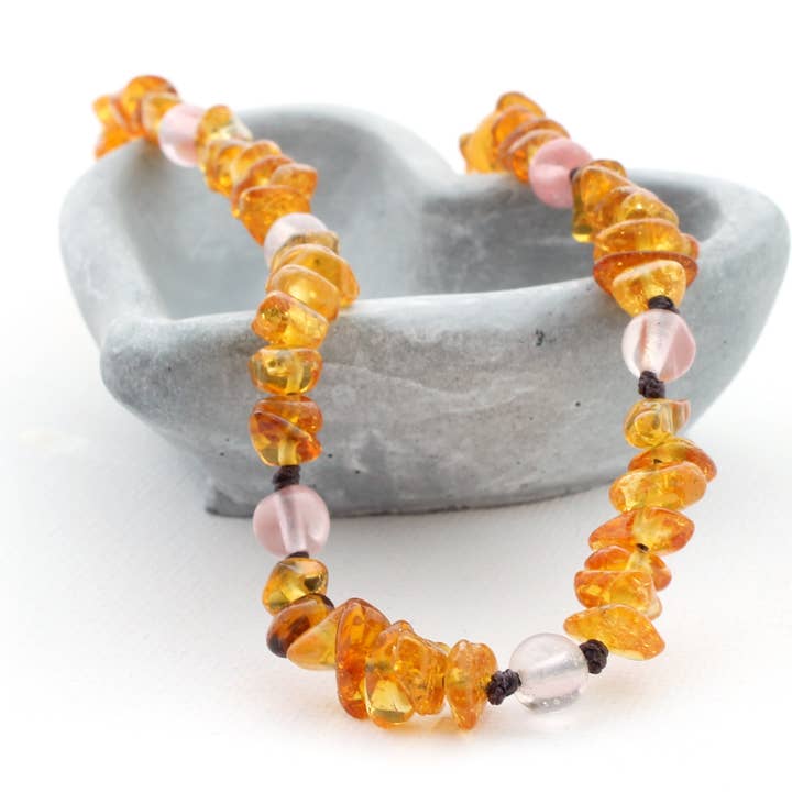 Adult Honey Amber Necklace + Cherry Quartz for wholesale by Beaming Amber Sun, LLC