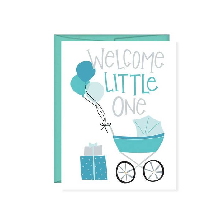 Little One Blue Balloons Card, Baby Shower card for wholesale by Pen & Paint