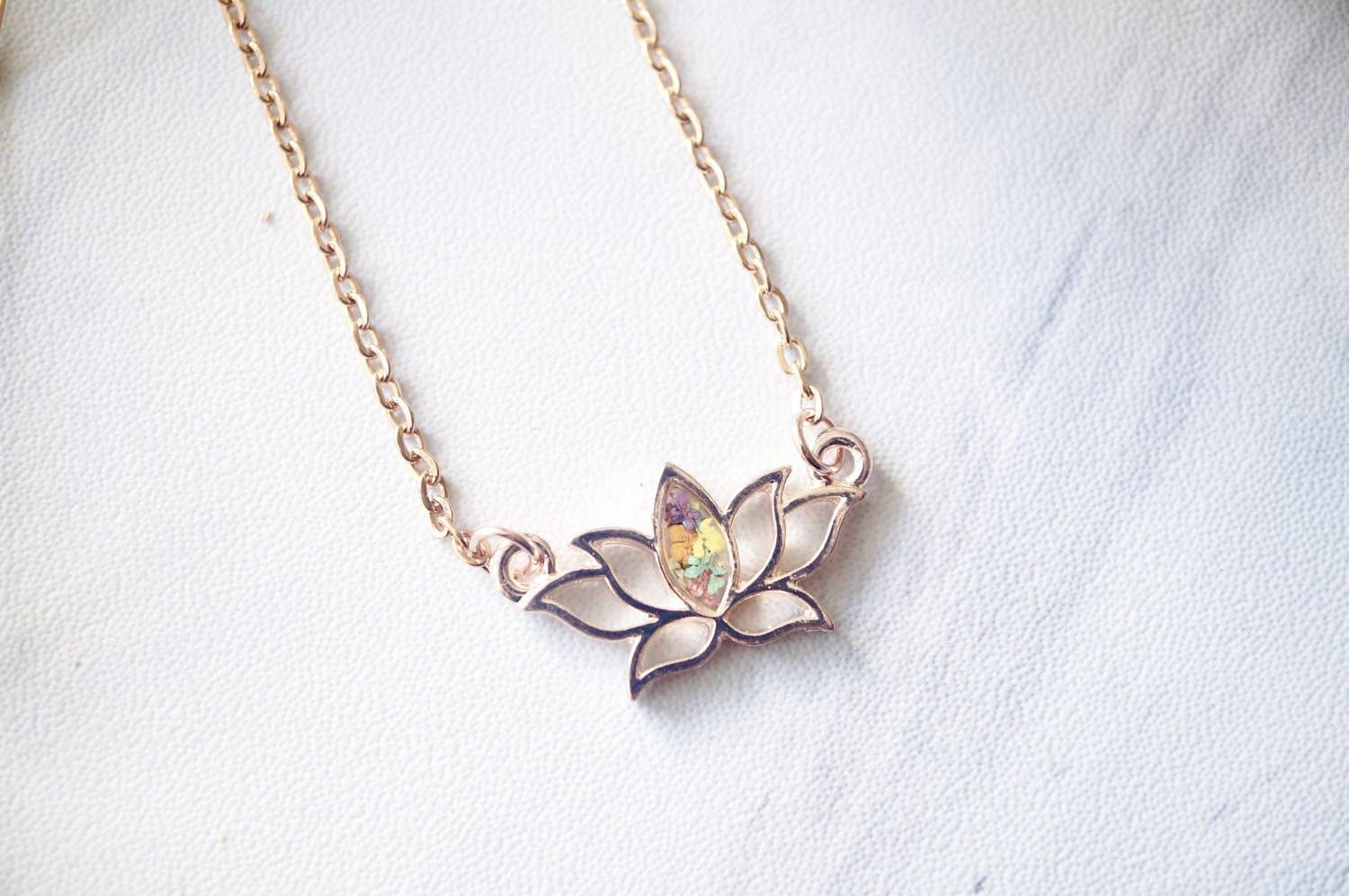 Ann + Joy - Wholesale Pendant/Charm Necklace - Rose Gold Lotus Flower Real Pressed Flowers and Resin Necklace0