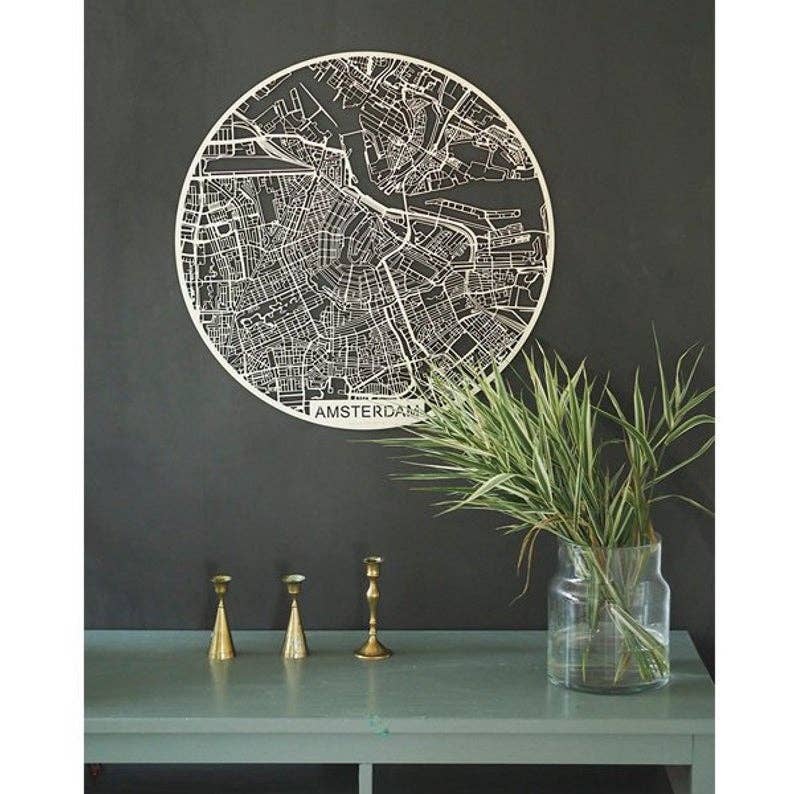 Papurino - Vendita all'ingrosso Decorazione da parete 3D - Mappa della città in legno, Paesi Bassi Amsterdam rotonda (area più ampia)2