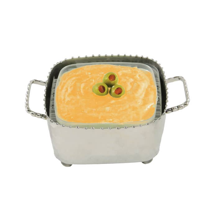 Large Beaded Square Container Bowl with Spoon - Nickel for wholesale by CLASSIC TOUCH DECOR INC.