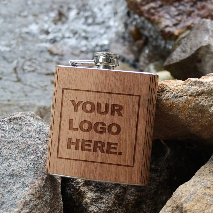 WUDN Handcrafted - Wholesale Flask - CUSTOM Wooden 6 oz Hip Flask, Laser-engraved with your logo