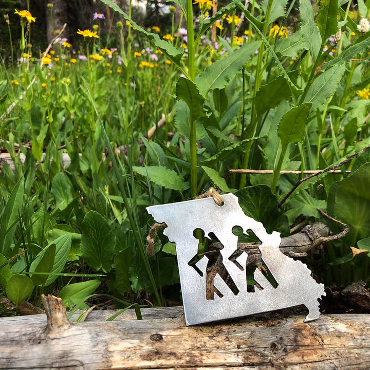 Missouri State Hikers Ornament made from recycled raw steel for wholesale by BE Creations & Designs, Inc.