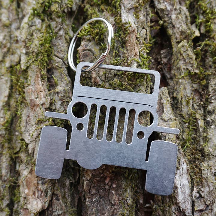Jeep Key Chain made from Rustic Raw Recycled Steel for wholesale by BE Creations & Designs, Inc.