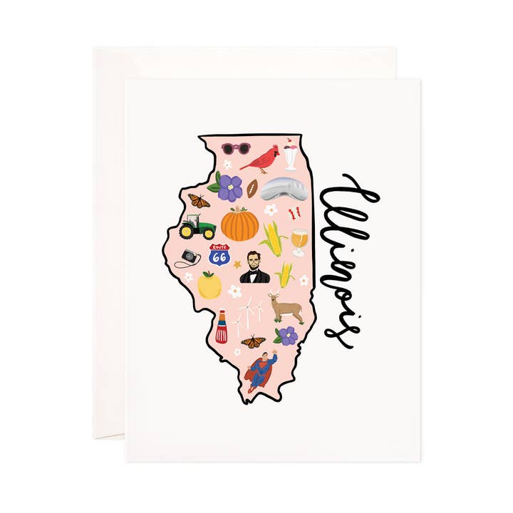 Tarjeta de felicitación de Illinois, papelería con mapa del estado, juego de tarjetas para venta al por mayor de Bloomwolf Studio