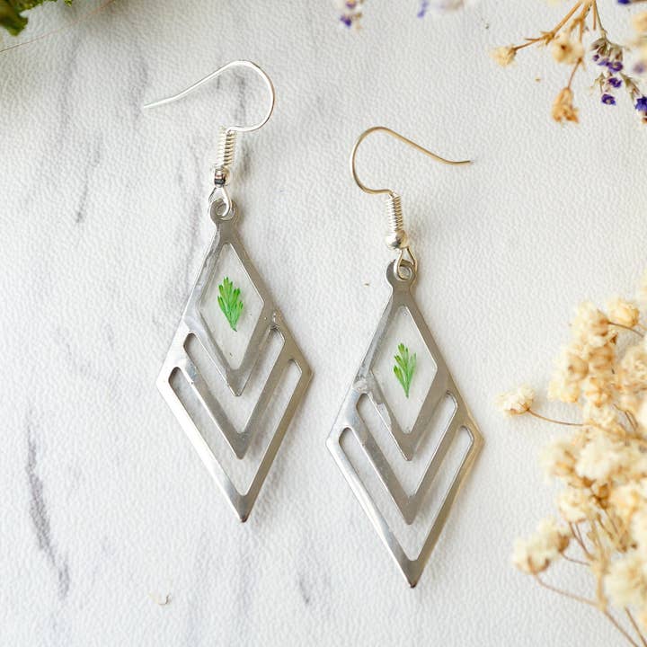 Real Pressed Flowers and Resin Earrings, Silver Drops with Green Fern for wholesale by Ann + Joy