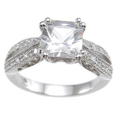 Rhodium Finish Sterling Silver Cubic Zirconia Princess Antique-style Wedding Ring for wholesale by Plutus Brands