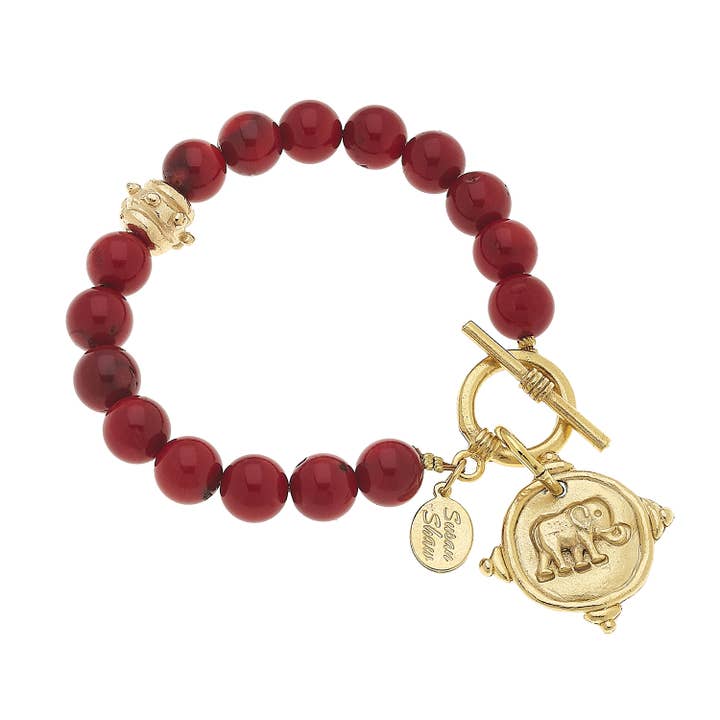 Gold Elephant on Red Coral Bracelet for wholesale by Susan Shaw