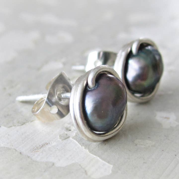 Peacock Freshwater Pearl + Sterling Stud Earrings for wholesale by Contempo Jewelry
