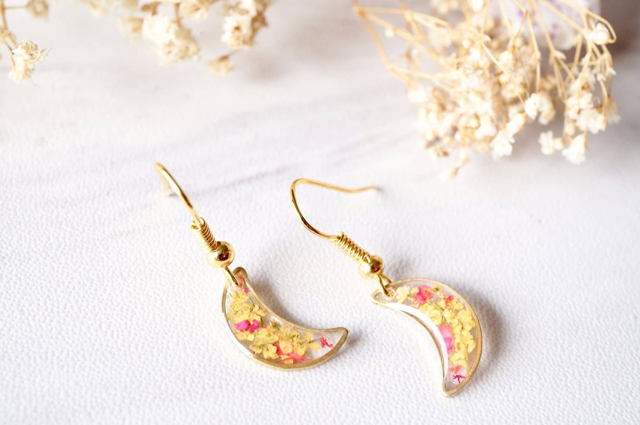 Ann + Joy - Wholesale Dangle Earrings - Gold Moons in Yellow & Red Real Dried Flowers and Resin Earrings1